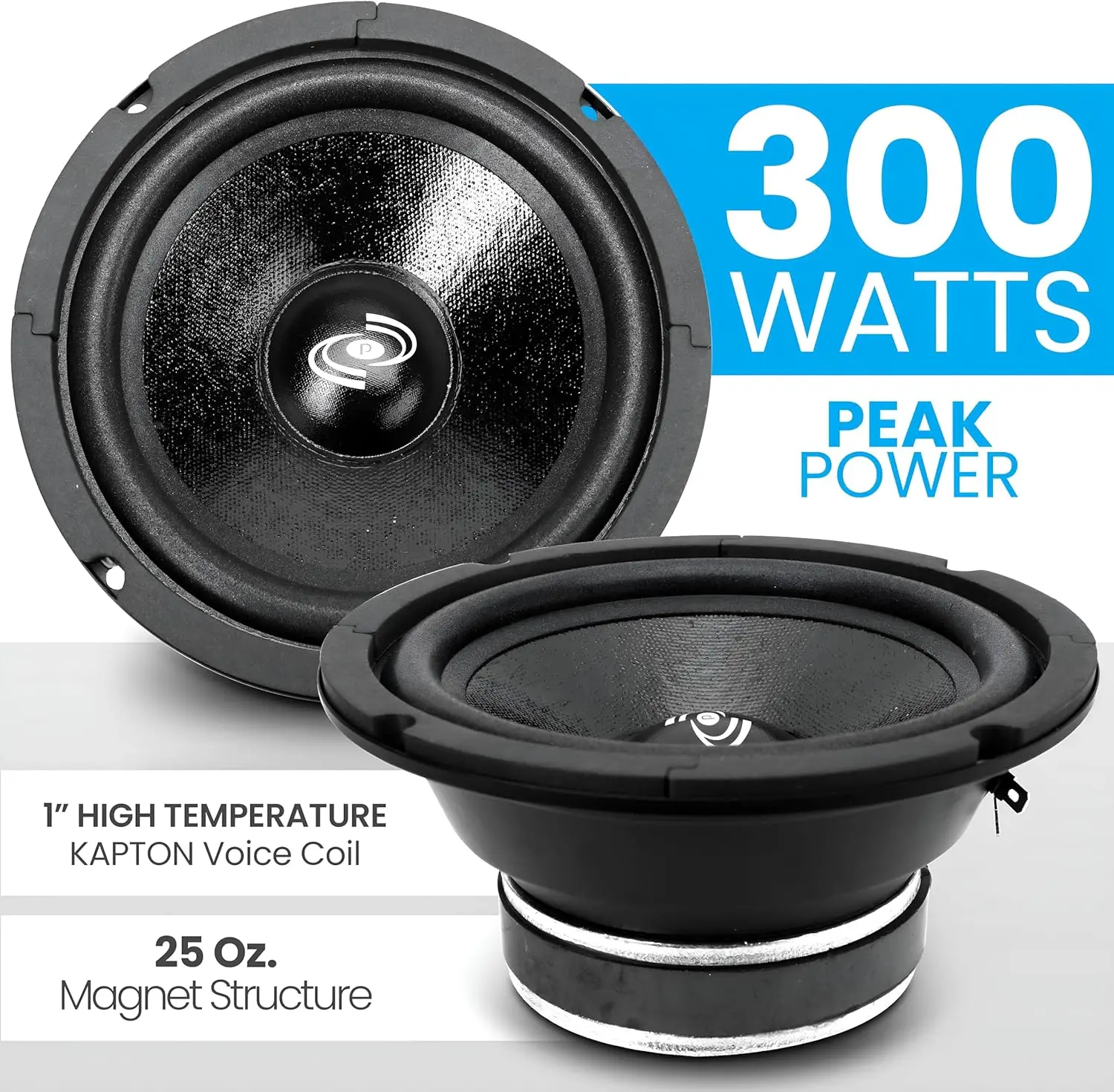 6.5' Car Audio Midrange Speaker, 300W, 8Ohm, 93dB, Paper Cone, 1' KAPTON Voice Coil