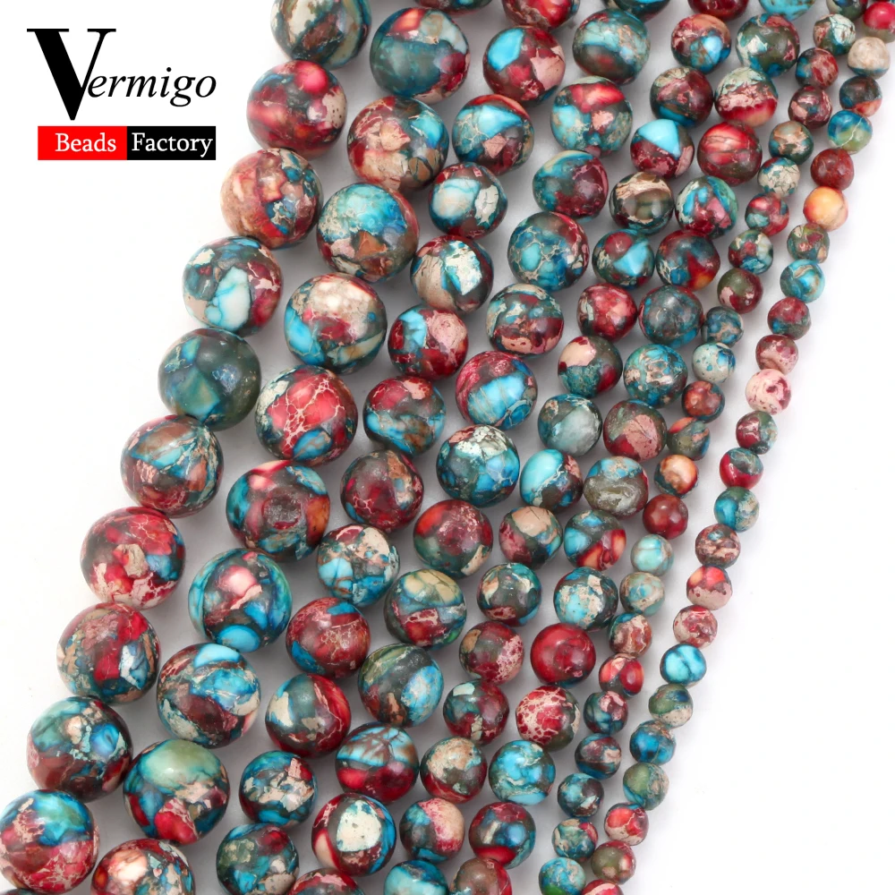 

4 6 8 10mm Natural Stone Beads Red Blue Sea Sediment Jaspers Round Spacer Beads For Jewelry Making DIY Bracelets Accessories 15"