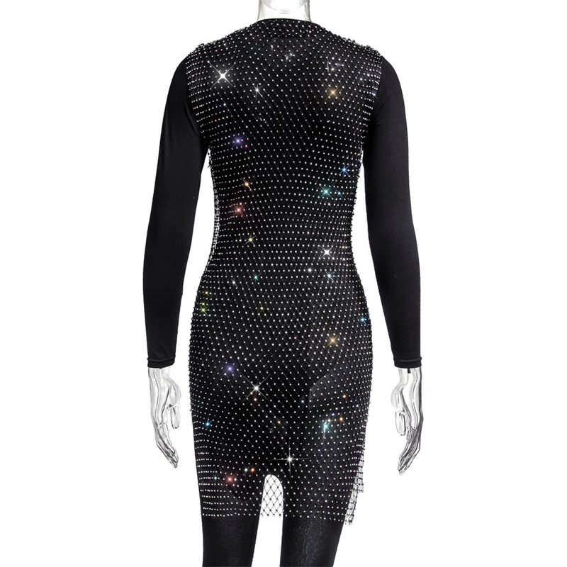 Mode Sexy Kristall Diamant Kleid Frauen Cover Up Strass Bodycon Gabeln Kleid Sommer Fishnet Mesh Strand Tragen Party Kleid – Detail 7