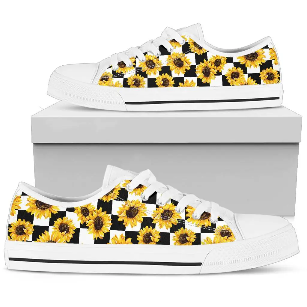 Checkboard Sunflower Prints Black White Women Summer Casual Sneakers Lace Up Canvas Vulcanized Flat Shoes Zapatillas Mujer