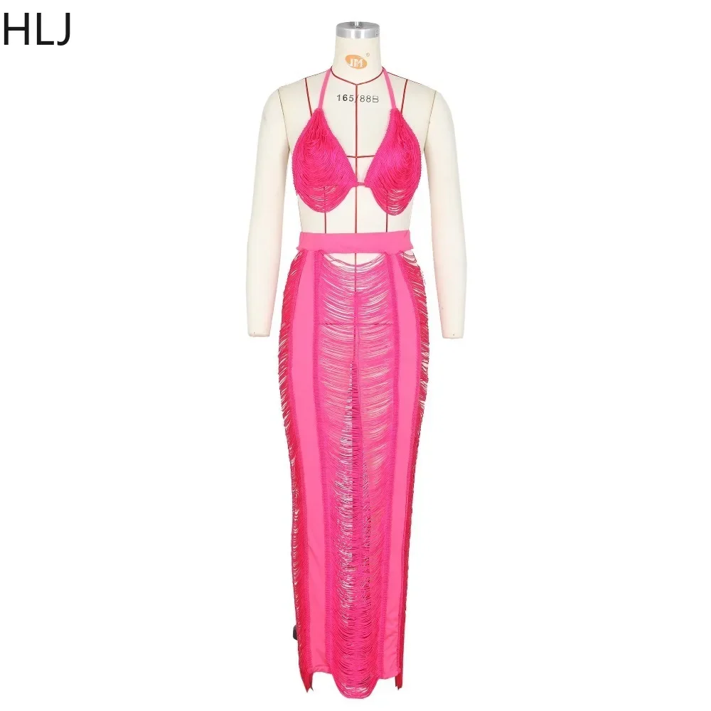 HLJ Sexy Hollow Out Skinny Skirts Two Piece Sets Women Halter Sleeveless Bra + Skirts Outfits Fashion Female Beach 2pcs Clothing