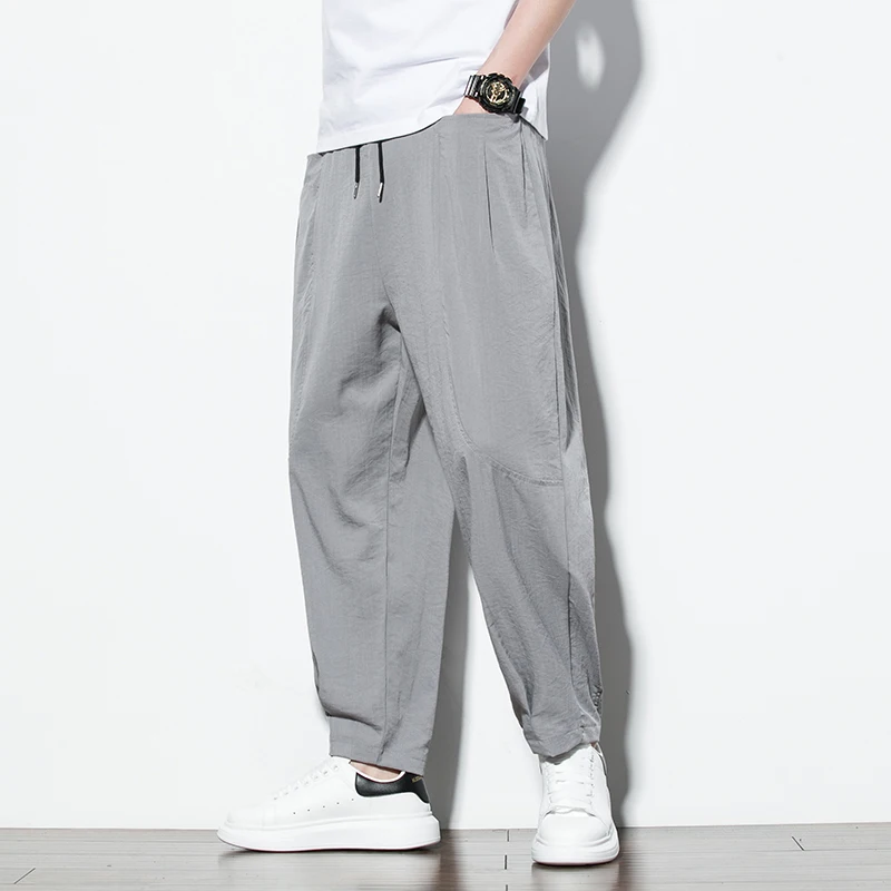 

Cotton Linen Men Fashion Harem Pants Oversized Basic Solid Color Man Summer Pants Casual Male Summer Elastic Waist Trousers