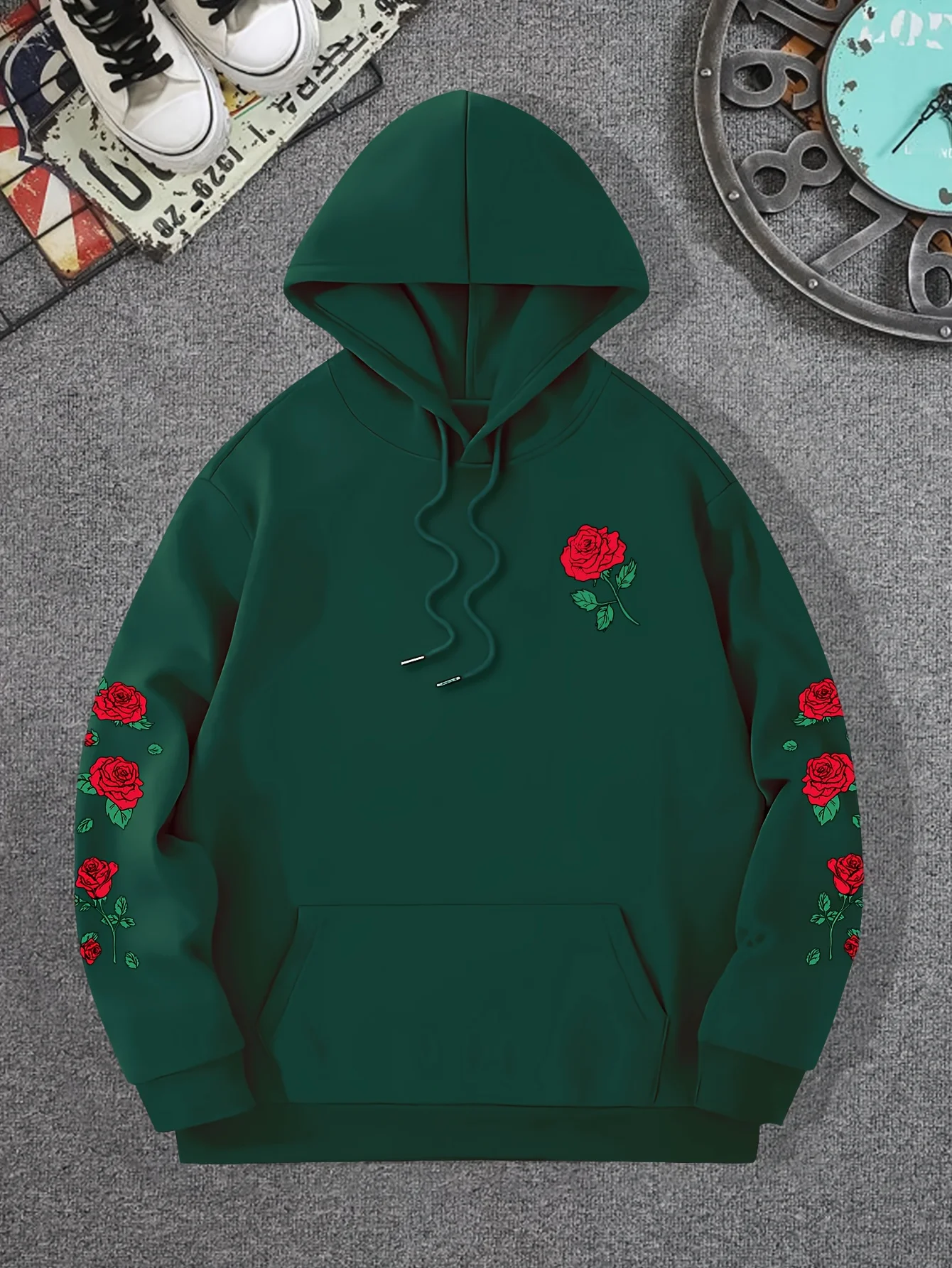 Boys Rose Print Hoodie Casual Floral Sleeve Hooded Sweatshirt Long Sleeve Streetwear Pullover Tops For Kids - 3