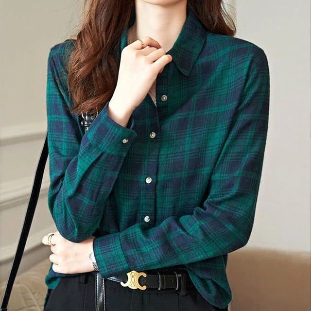 Camisas femininas de moda coreana de algodão longo xadrez camisas femininas  elegante fino manga comprida primavera outono escritório senhoras camisas  xadrez - AliExpress