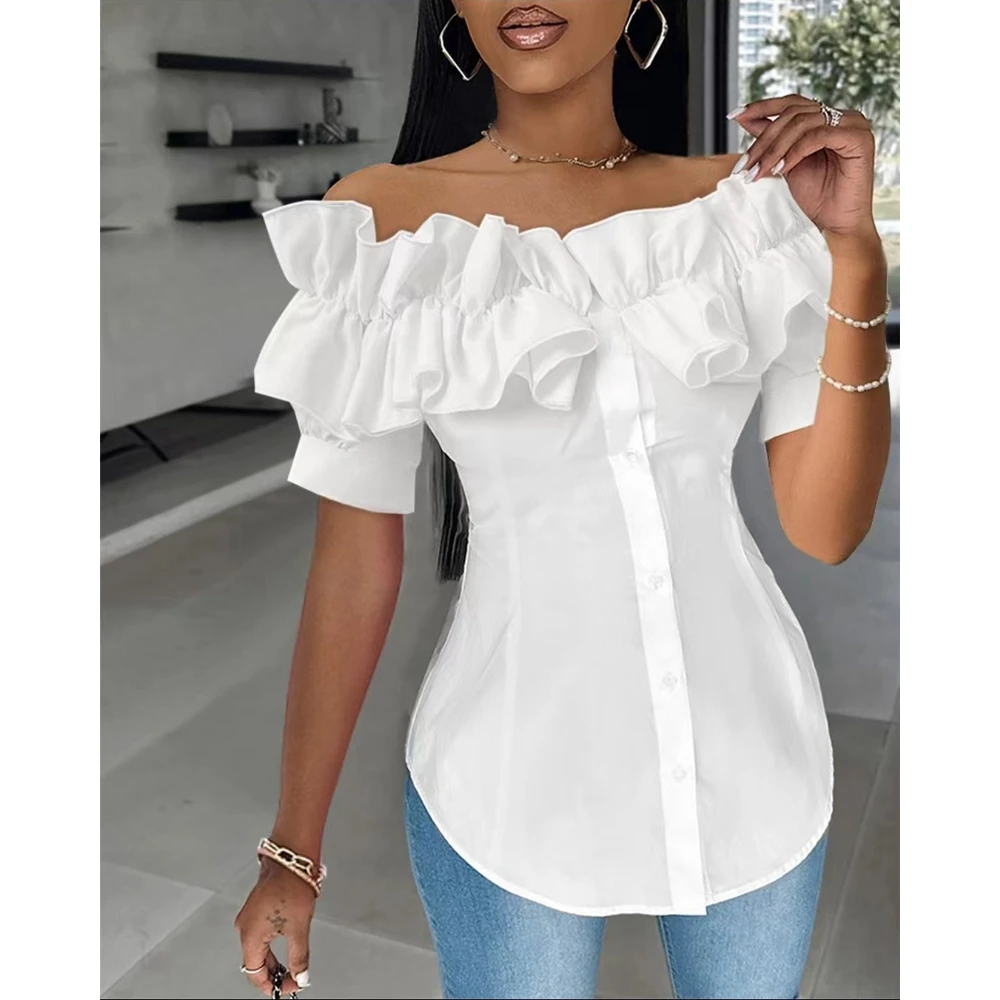 Women Shirts Short Sleeve Summer Off Shoulder Ruffles Asymmetrical Hem Shirts & Blouses Femme Fashion Casual New In White Blouse