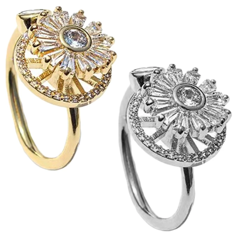 Fashion Creative Gold Color Spin Ring For Women Gold Sunflower Rotatable Rings Adjustable Wedding Party Jewelry Gift