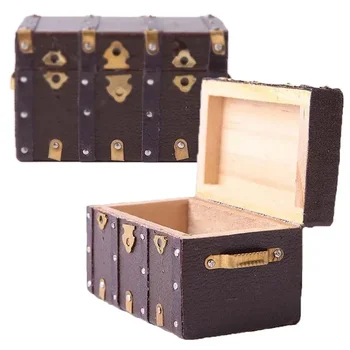 1:12 Scale Doll Brown Leather Wooden Box Case Vintage Case Box Dollhouse Suitcase Furniture Play House Accessories