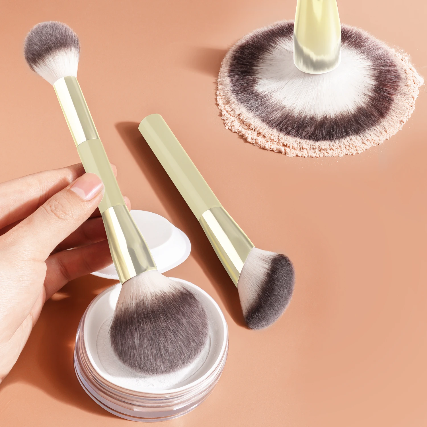 2Pcs 양면 메이크업 브러쉬 세트 대형 라운드 루스 파우더 브러쉬 각진 컨투어 브러쉬 플레임 블러쉬 브러쉬