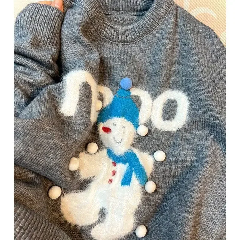 

Christmas wear cartoon snowman sweater women 2023 round neck long sleeve loose feeling fall and winter soft knitted tops