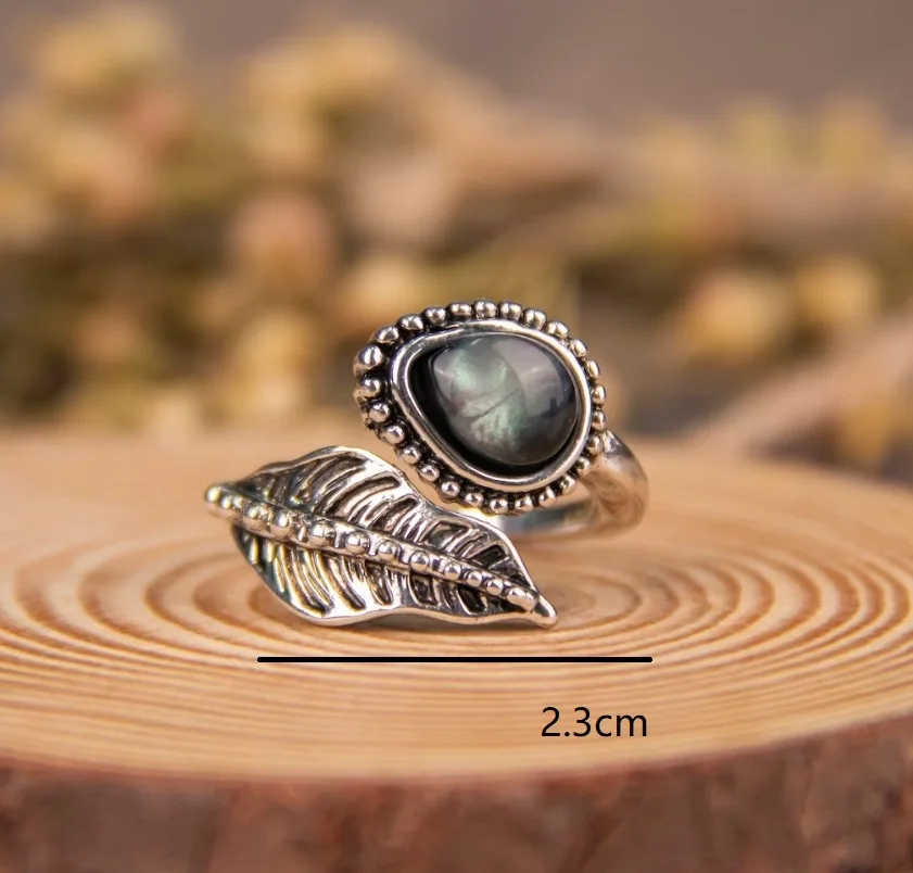 

Bohemia Moonstone Beads Stone Open Rings Retro Party Accessories Antique Carved Creative Leaf Metal Finger Ring for Women Girls