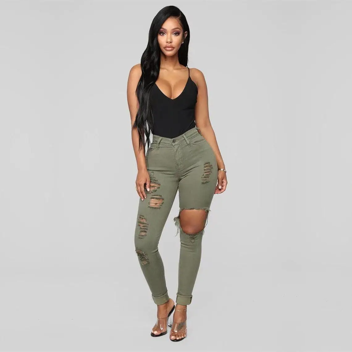 Fashion Invisible Open-Seat Pants Lady Denim Trousers Femme High Elastic Holes Pants Women's Jeans Sexy High Waist Skinny Pants
