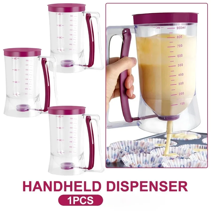 Batter Dispenser 900ml with Measuring Label and Squeeze Handle Bracket for Pancake Batter Cookie Cake Waffles