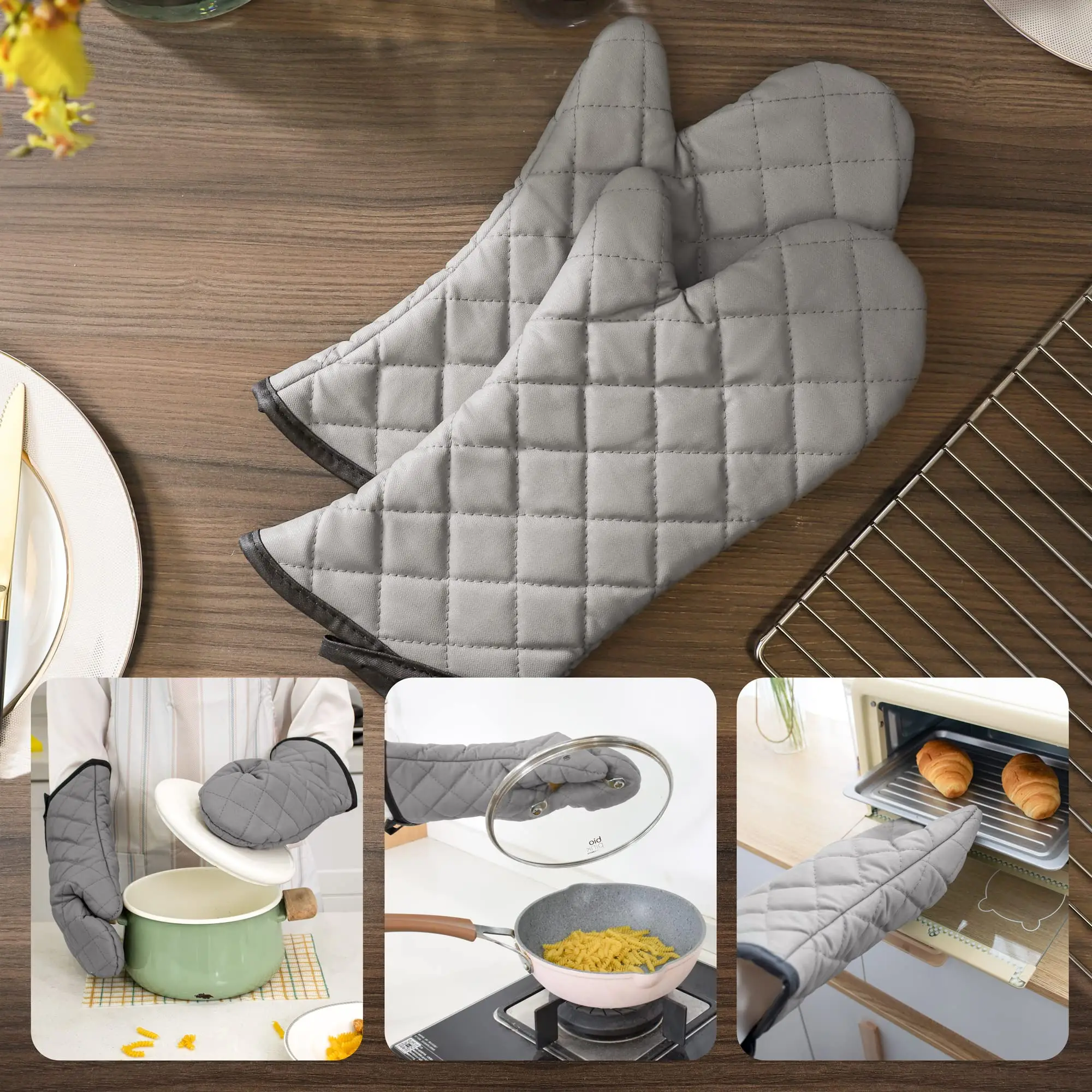 2 Pack Oven Mitts kitchen gloves cotton pot holders Quilted Terry Cloth Cotton Lining Extra Long Professional Classic Oven Mitt Heat Resistant Kitchen Gloves