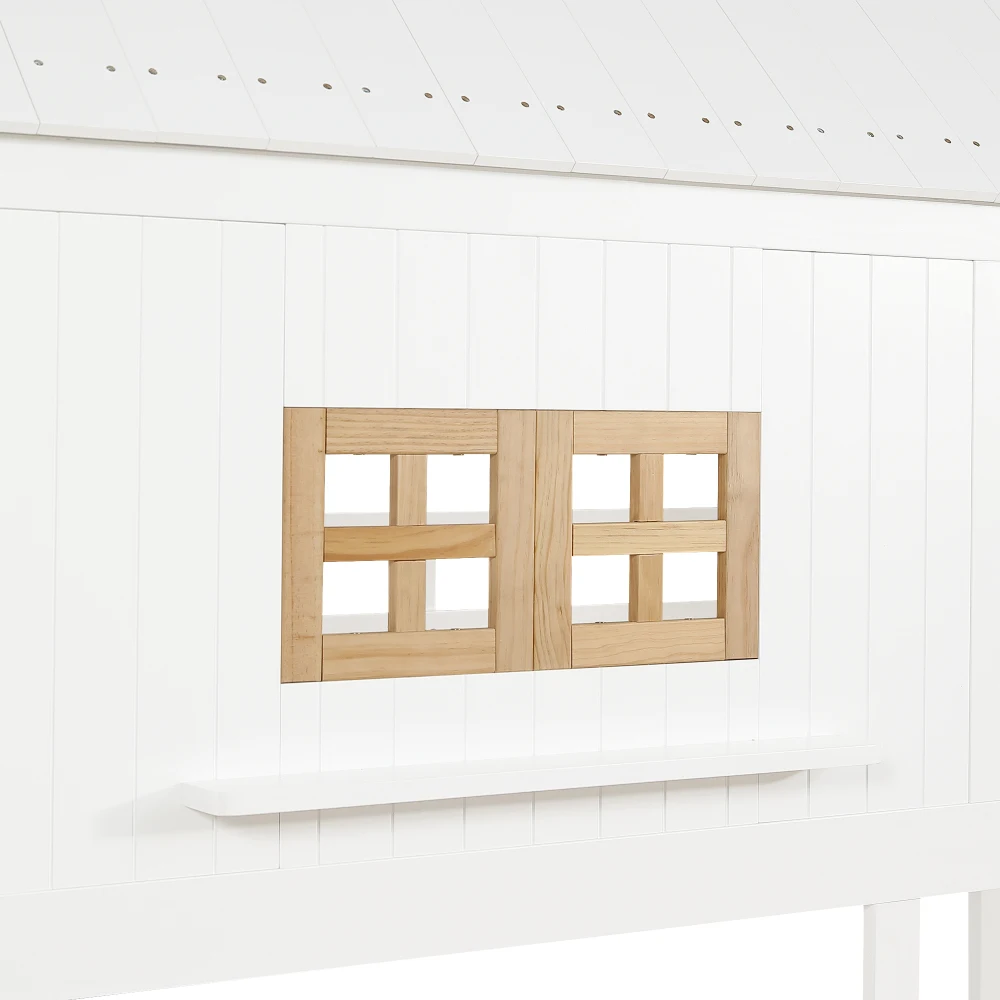 90x200cm Kinder-Etagenbett, mit schönem Fenster und Dach, stabilem Schiefer und Leiter, mit zwei großen Schubladen, Weiß+Natur – Detail 25