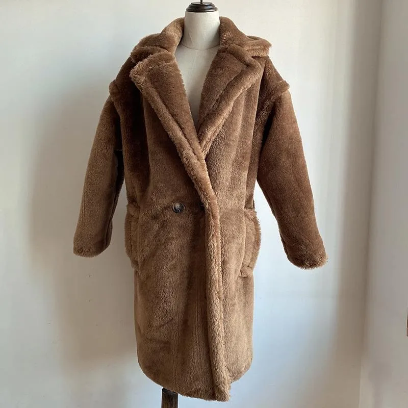 2023 Autumn Winter New Loose Coat Women Long Thick Warm Commuter Large Pocket Fashion Cardigan Imitation Lamb Fur Coat Trend