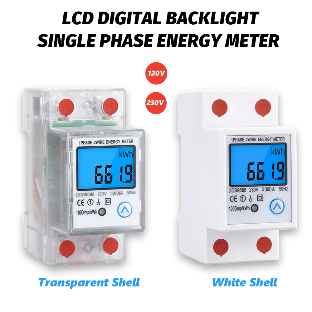 Update Din Rail LCD Display Digital Single Phase Two Wire Energy Meter KWh Power Consumption Electric AC 120V/230V Wattmeter