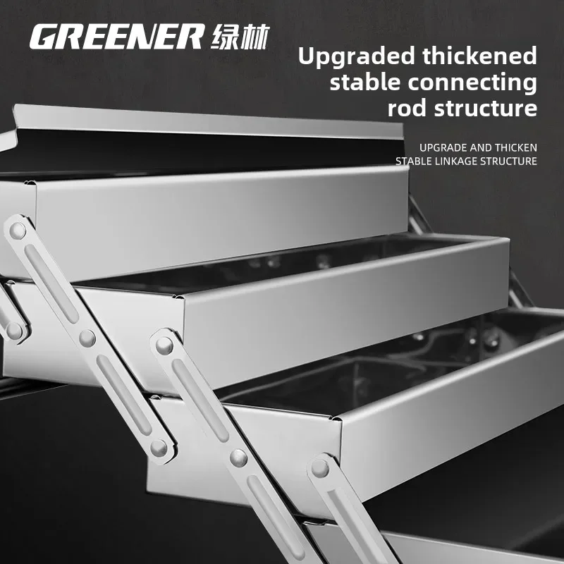 Heavy Duty Stainless Steel Toolbox with 3-Layer Folding and Carrying Handle - Industrial Grade for Home and Car 4