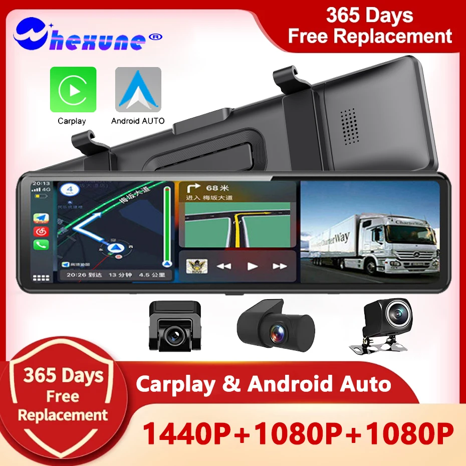 Telecamere A 3 Lenti Car Dash Cam Wireless Carplay Android Auto Specchietto Retrovisore Registrazione Video Dvr 1440P Navigazione Gps Controllo Vocale