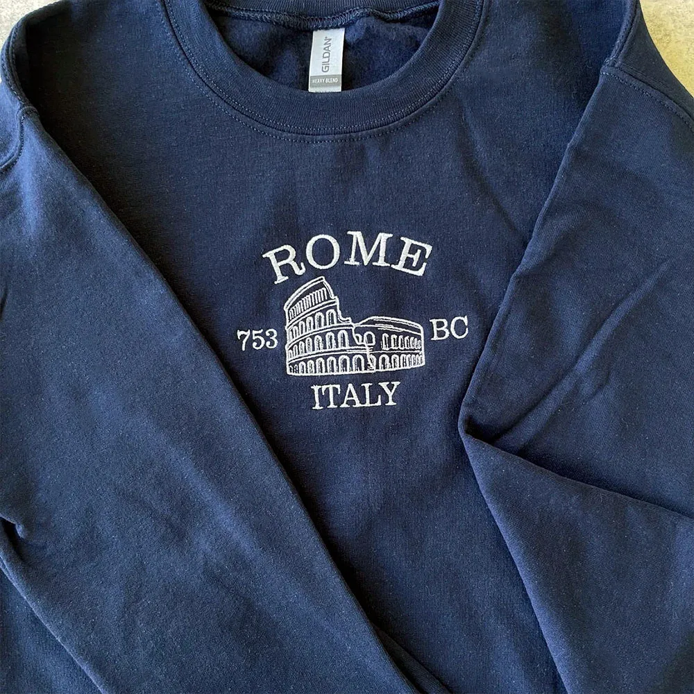 

Rome Italy Vintage Style Embroidered Navy Crewneck Sweatshirts Female Loose Cotton Long Sleeve Autumn Thick Fleece Pullover