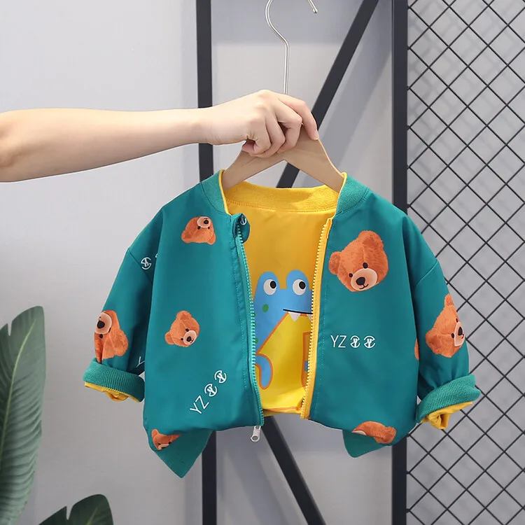 Kids Baby Boys Outerwears Spring Autumn Cartoon Bear Reversible Cotton Toddler Boys Coat Zipper Children Jacket
