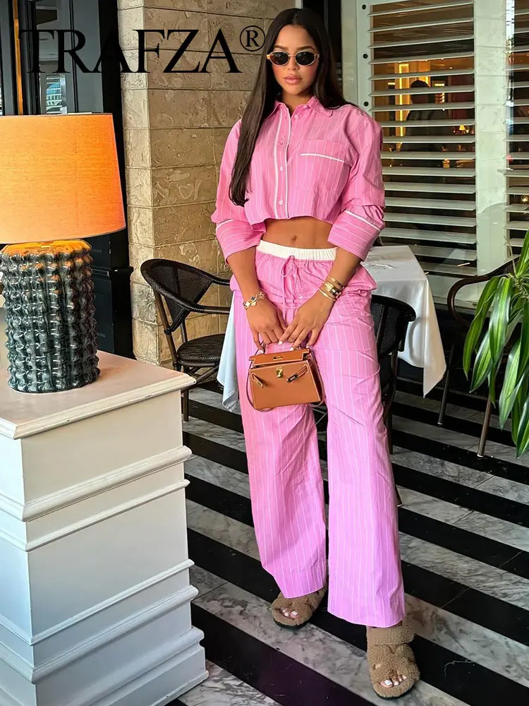 TRAFZA Women Sweet Pink Stripe Blouse Pant Sets Button Long Sleeve Cropped Shirt Patchwork Drawstring Straight Trousers TRAF