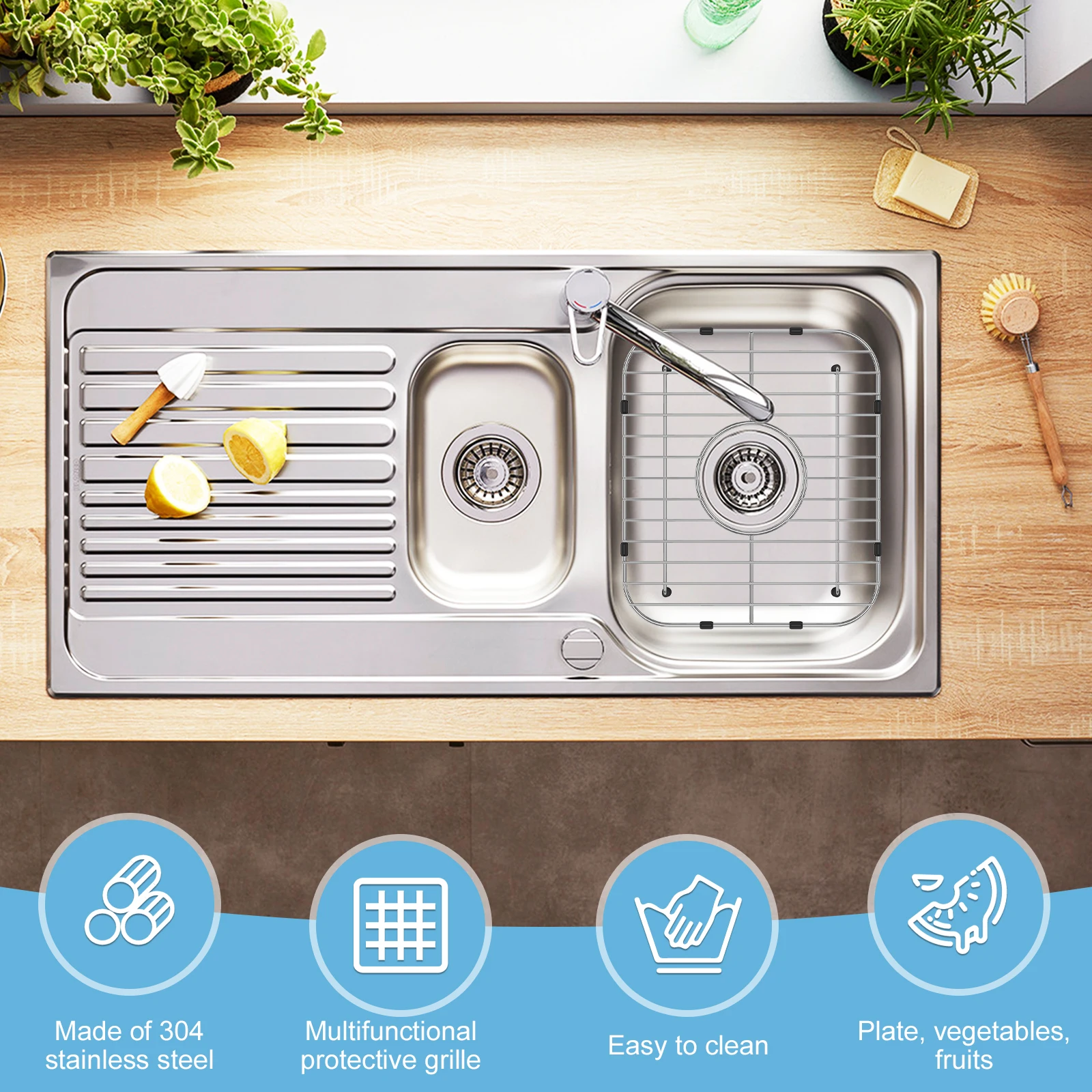 2pcs Sink Grid Sink Bottom Protectors Drain Rack Fruit Vegetable Rack Stainless Steel Dish Stand for Dishware Drainage