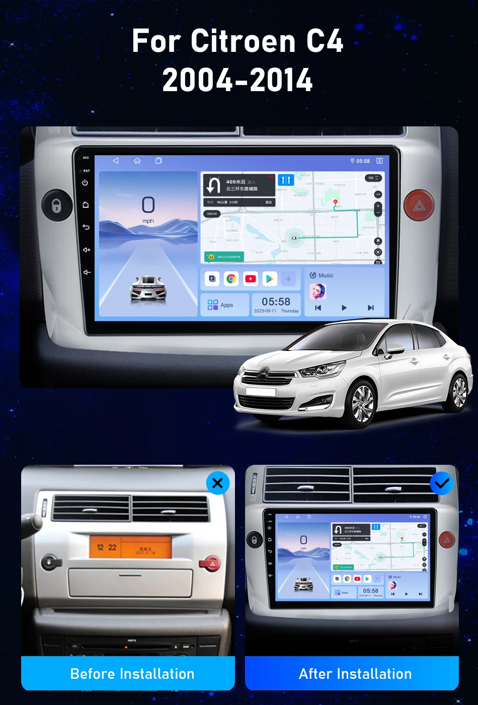 Srnubi Android14 Autoradio für Citroen C4 C-Triomphe Quatre 2004 2005 2006 2007-2014 Multimedia Player 2Din Carplay Android Auto – Detail 2