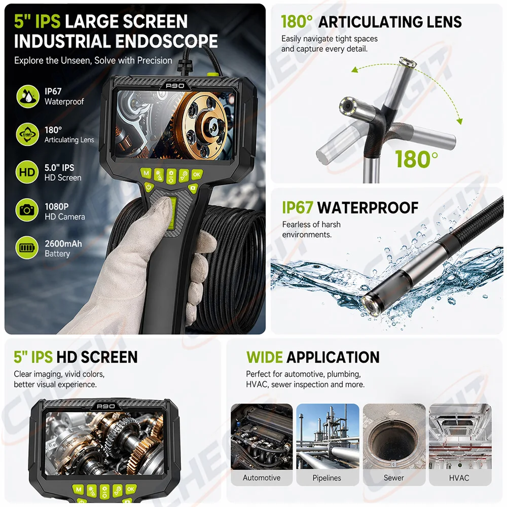 NEW 5-inch screen 360 ° steering 6mm lens endoscope HD camera automotive maintenance engine industrial pipeline detector 2