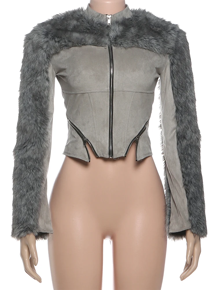 Nibber Stand Collar Jacket Woman Zip Design  Plush Patchwork Autumn Winter New Style Full Sleeve Irregular Street Fashion Coats