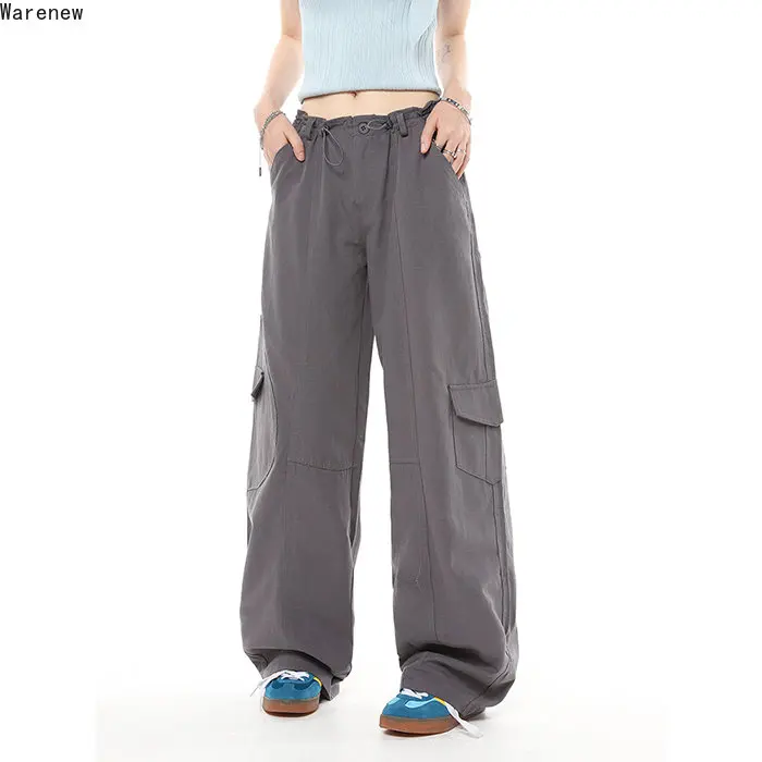 

Women Y2k Hip-hop High Street Casual Overalls Solid Color Loose Pants American Retro Drawstring Cargo Grunge Wide Leg Trousers