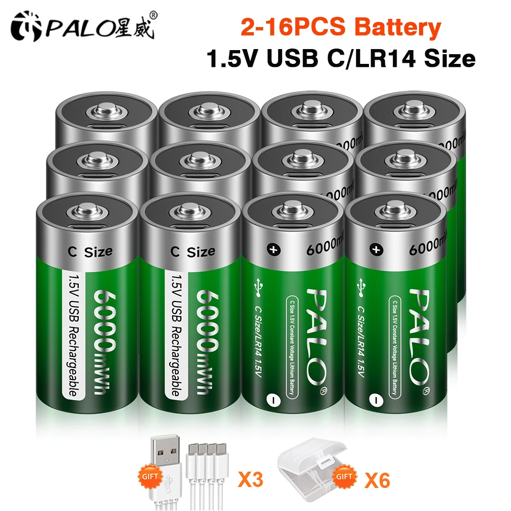 

PALO 2-16PCS 1.5V C Size Rechargeable Battery Type C USB Charging R14 LR14 Li-ion C Battery Batteries for Flashlight Gas Cooker