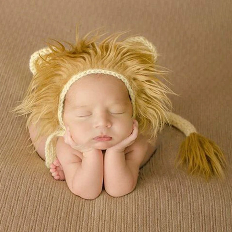 

2 Pcs Baby Props Lion Hat Tail Set Newborn Photography Costumes Boys Girls Photo Handmade Knitted Clothes