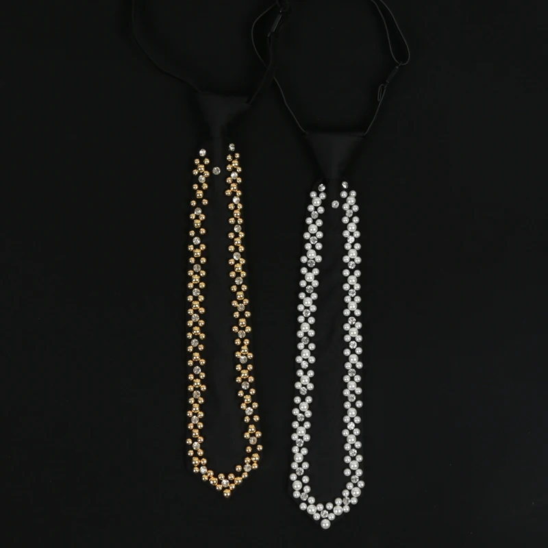 Luxurious Women Popular Shining Pearl Black Tie Trend Style Girls Temperament Clothing Handmade Beaded Necktie  Punk Accessories