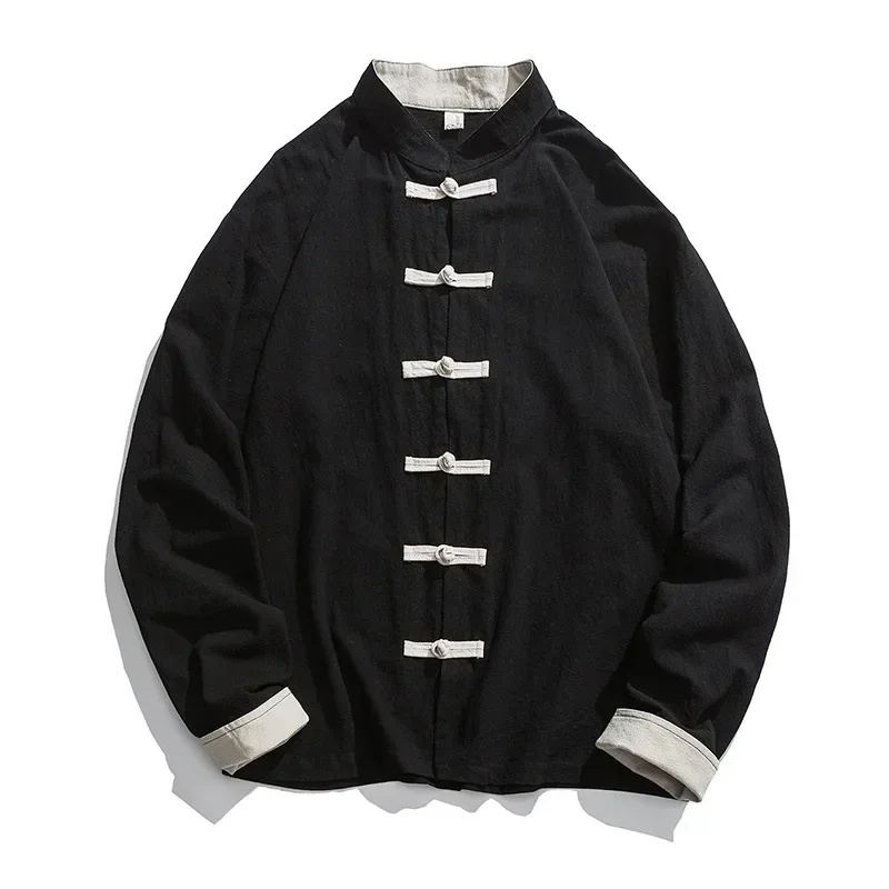 Men Traditional Chinese Linen Hanfu Top Long Sleeve Tang Suit Kung Fu Shirt Cardigan Coat M-5XL