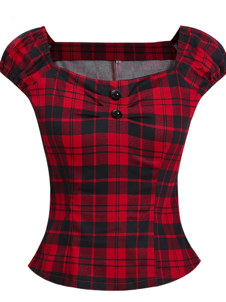 

2023 New Summer Women Vintage 50s 60s Pinup Peasant Shirts Gingham Inspired Couture Checkered Red Tops Retro Rockabilly Blouses