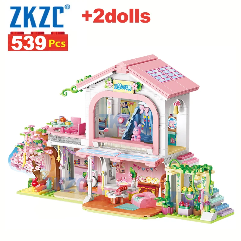 ZKZC 539Pcs City Cherry Blossom Tree Double-storey Villa House Building Blocks Friends Garden Flower Figures Bricks Toys Girls