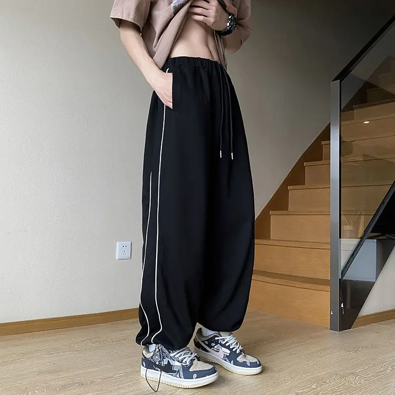 American Hip-hop Loose Sports Pants Men's Autumn Solid Patchwork Elastic Waist Drawstring Pocket Side Striped Straight Trouser
