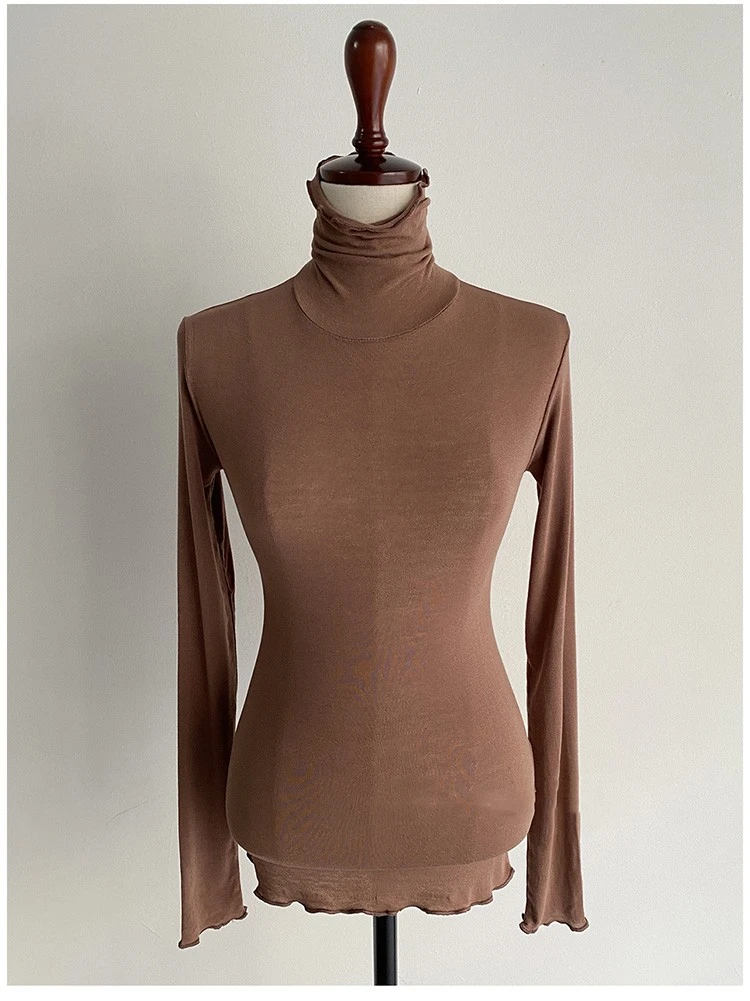 Klassische Feste Lange Hülse Dünne T-shirt Frauen Frühling Dünne Bequeme Rollkragen T-shirts Sexy Vielseitig Rüschen Rand Basis Schicht Top – Detail 31