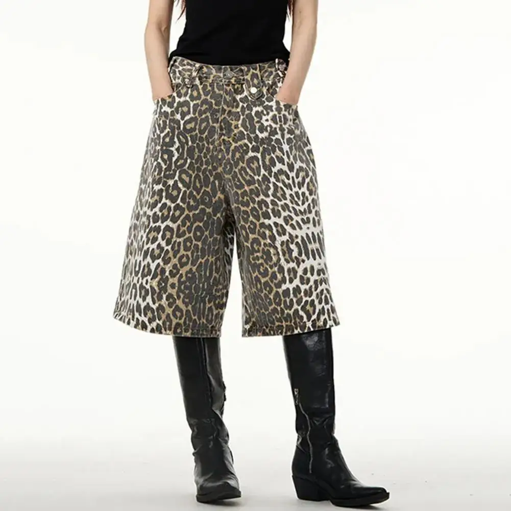 Mid-rise Button Detail Pants Leopard Print Unisex Denim Pants Retro Streetwear Club Trousers for Women Men with Zipper Button