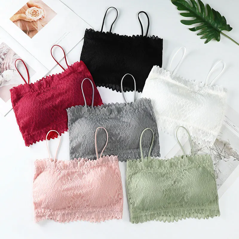 2021 Female Summer Crop Tank Top Women Fashion Deep V Lace Bras Embroidery Floral Tank Top Bra Wrapped Chest Camisole Padded Bra
