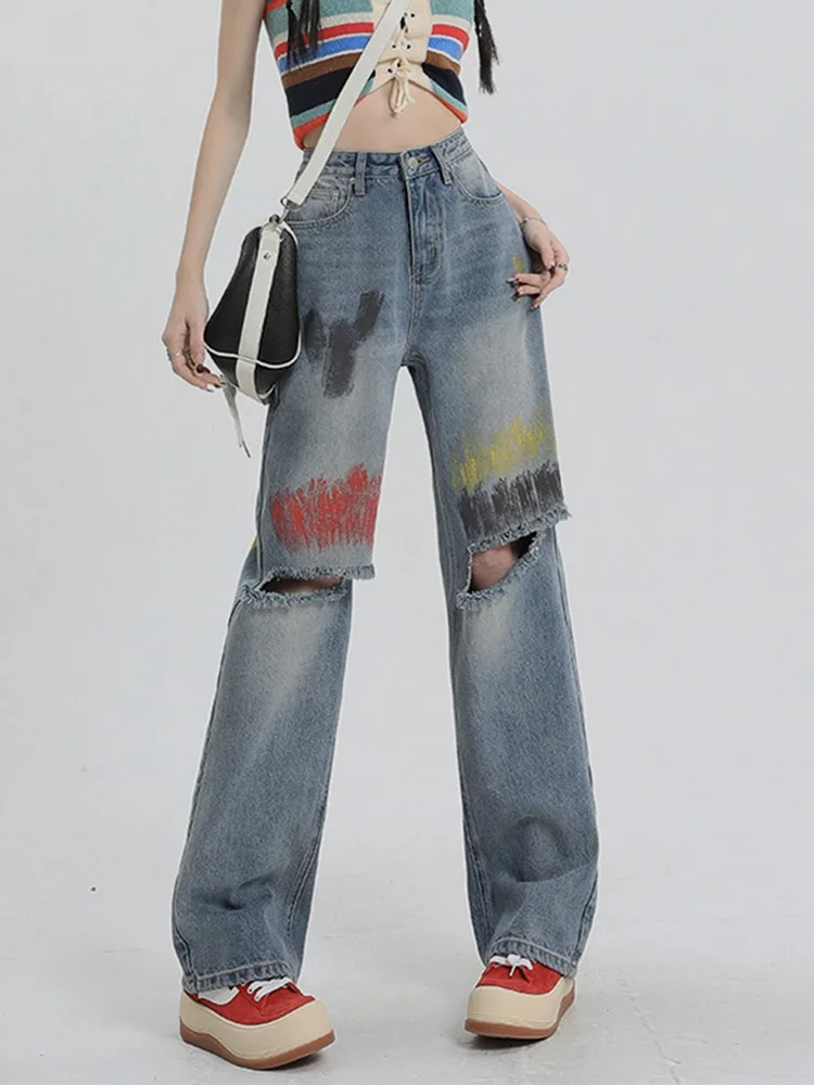 

Women's summer jeans high waist ripped wide-leg pants women's high street fashion jeans printed thin Y2K women's casual trousers