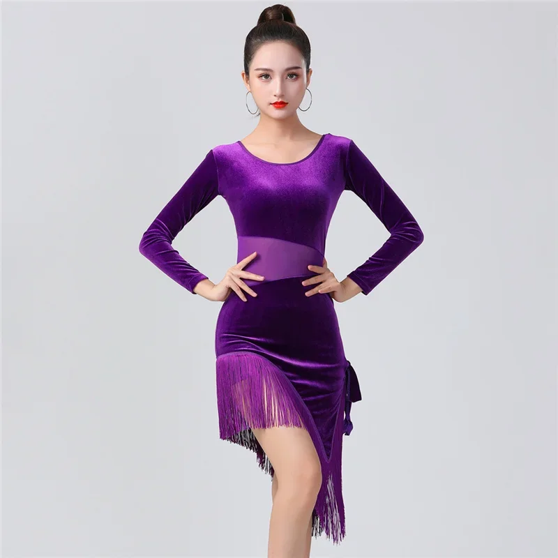 

Ladies Latin Dance Tassel Clothing Women Adult Ballroom Tango Salsa Rumba Costume Korea Velvet Tassel Net Yarn Splicing Dress