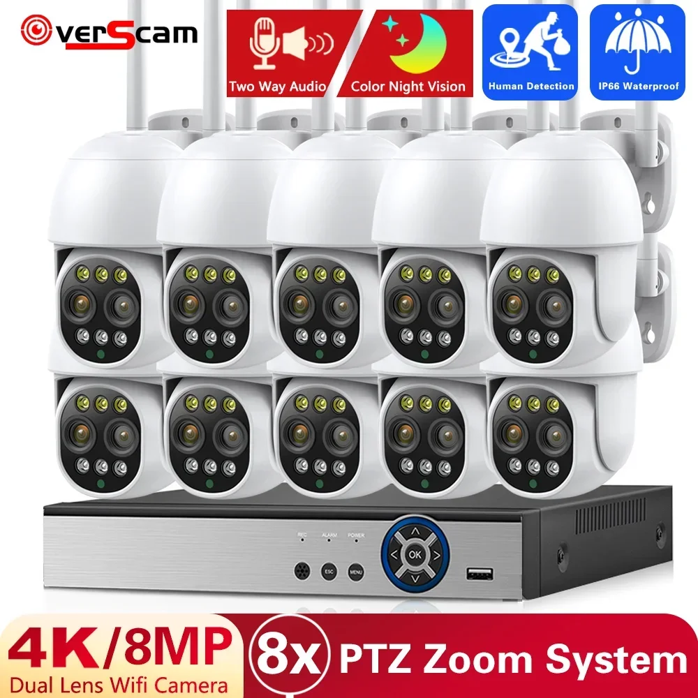 

4K 8MP PTZ IP Camera 8x Zoom Dual-Lens Security Camera Ai Human Detection Smart Home Outdoor Surveillance Camera 10CH Set Kits
