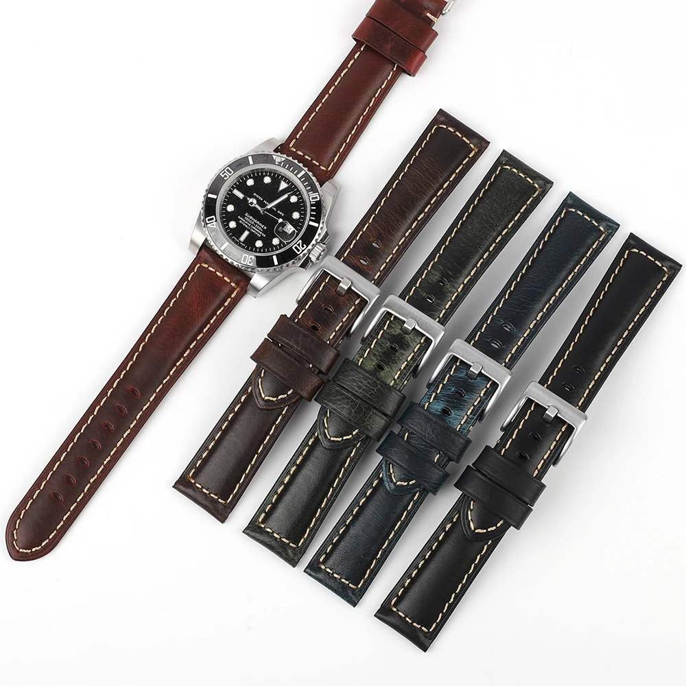 Crazy Horse Genuine Leather Watch Strap 18mm 20mm 22mm 24mm Hand-stitched Watchband for PAM Vintage Strap Accessories