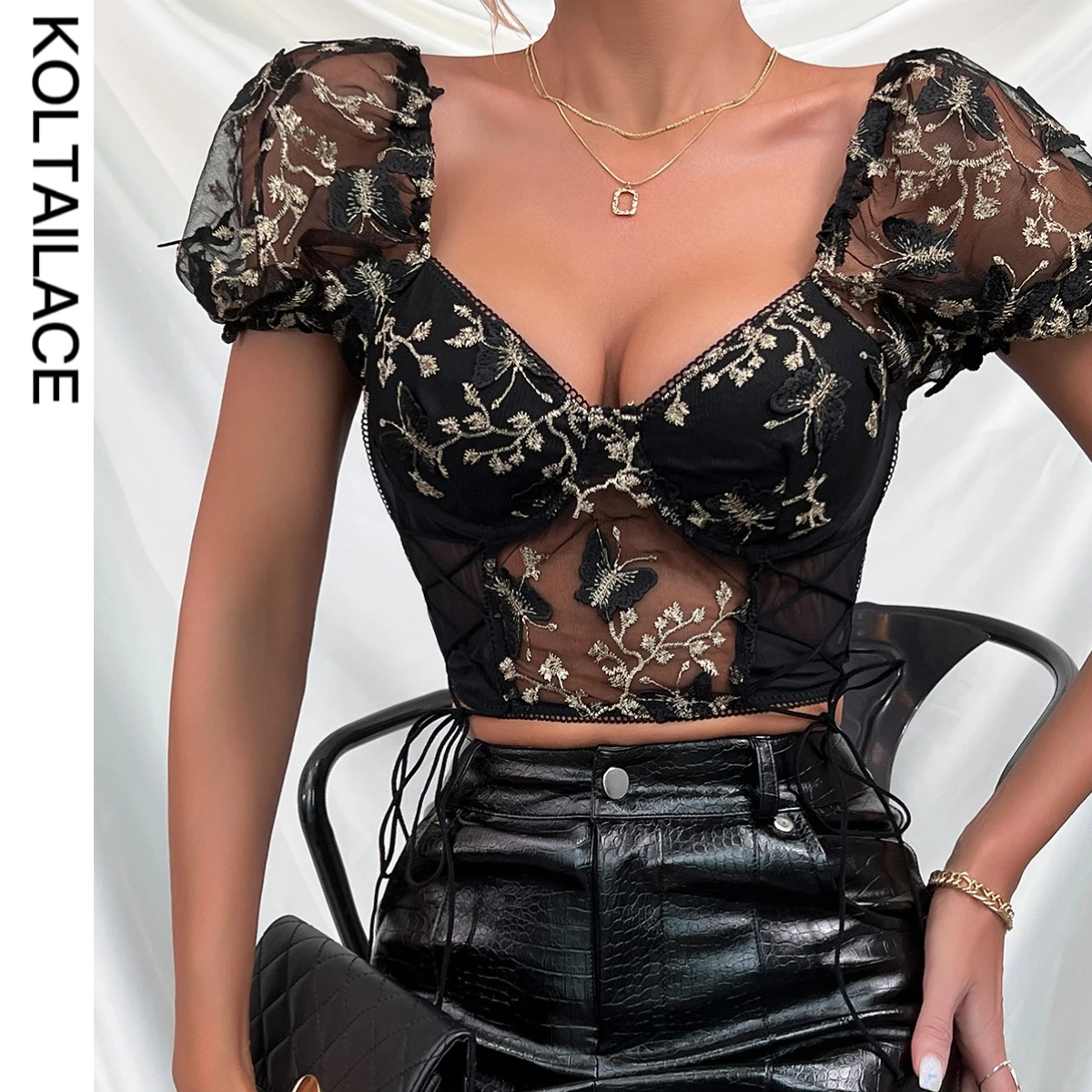 Koltailace Bufferfly Embroidery Puff Sleeve Top Women V Neck Summer Backless Short Sleeve Sexy Cropped Top Blouse409_voghion.com