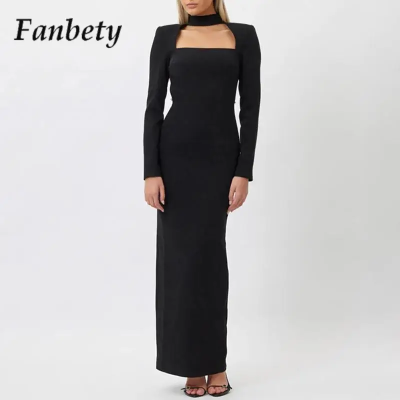 

Ladies Hollow Out Rhinestone Halter Dress Women Sexy Straight Split Club Dress Fashion Long Sleeve Skinny Party Dress Vestidos