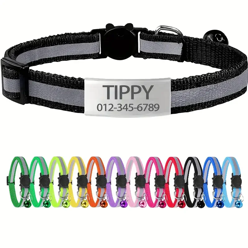 Personalized Reflective Cat Collar with Bell Safety Buckle Name tag Puppy Kitten Necklace Free Engraved name ID tag Nameplate