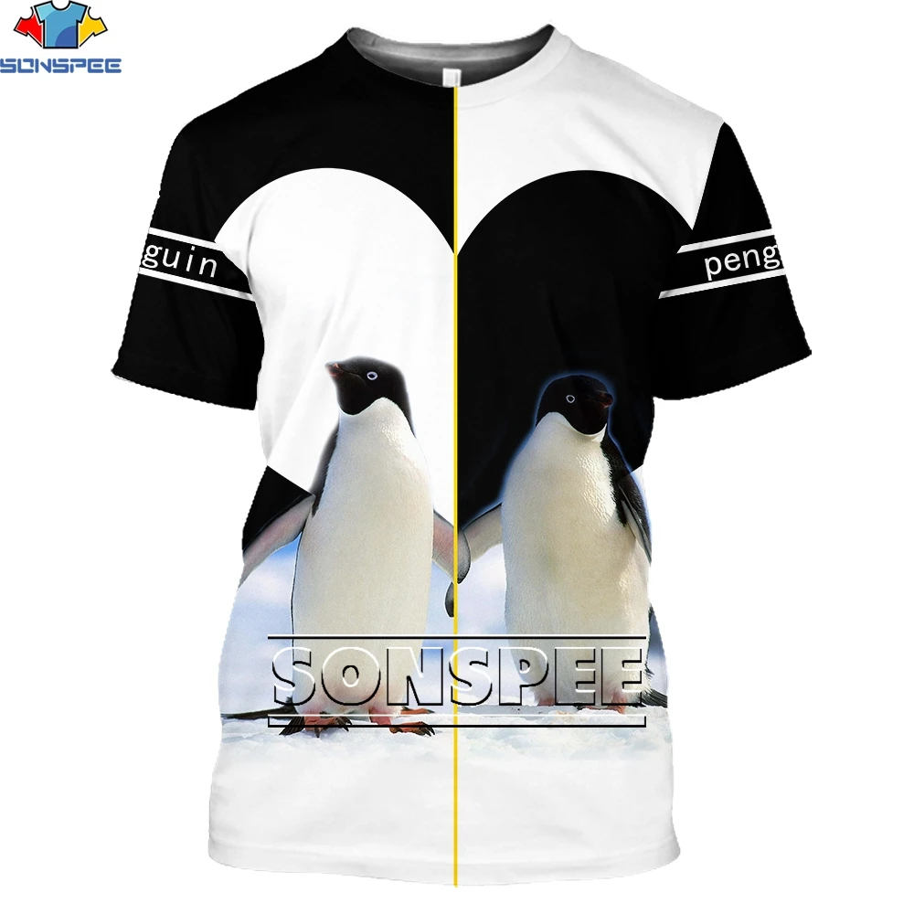 

SONSPEE Penguin Animal Snow Fun Colorblock Print T-Shirt Summer Harajuku Casual Short Sleeve Oversized Men's Women's Tshirts Tee