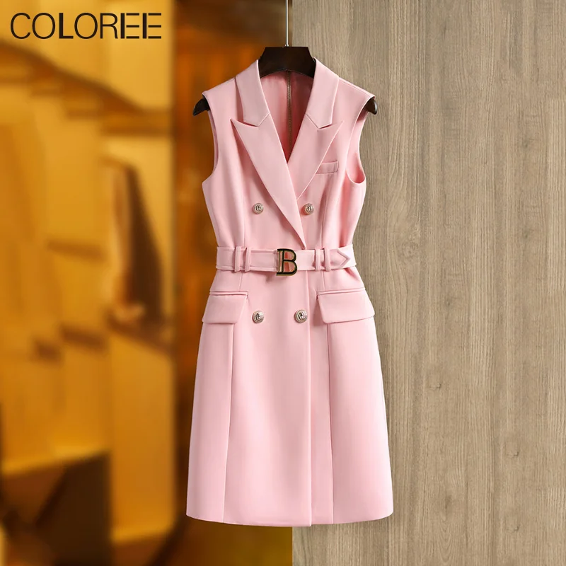 

Office Ladies Elegant Pink Blazer Dress 2023 Luxury Designer Gold Buttons A-line Mini Summer Dresses with Sashes