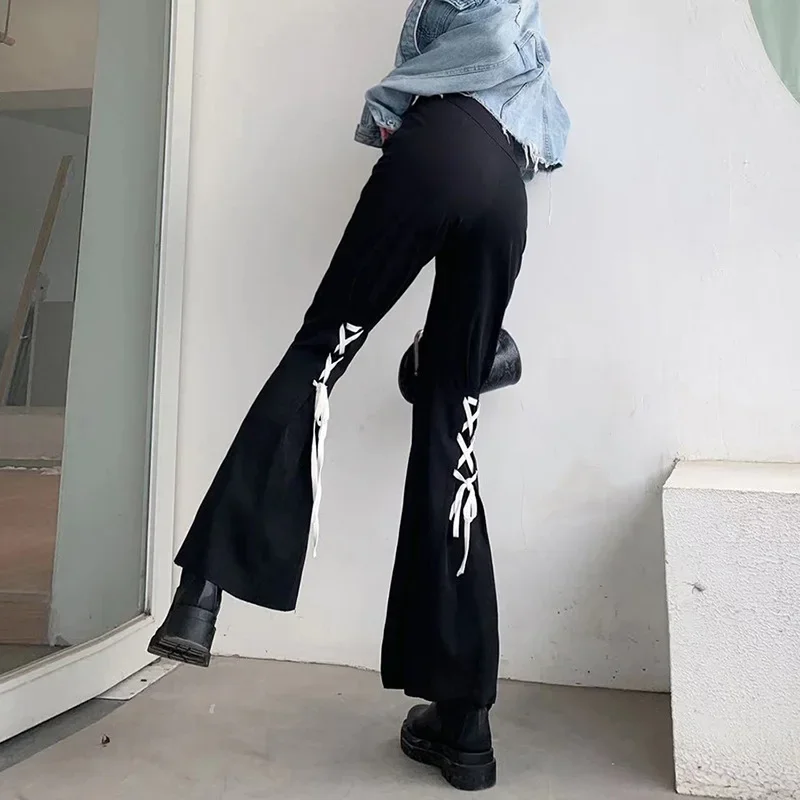 Spring Summer 2021 Woman Pants Streetwear Black Y2k Flare Pants High Waist Split Lace Up Bandage Trousers Outfits for Women